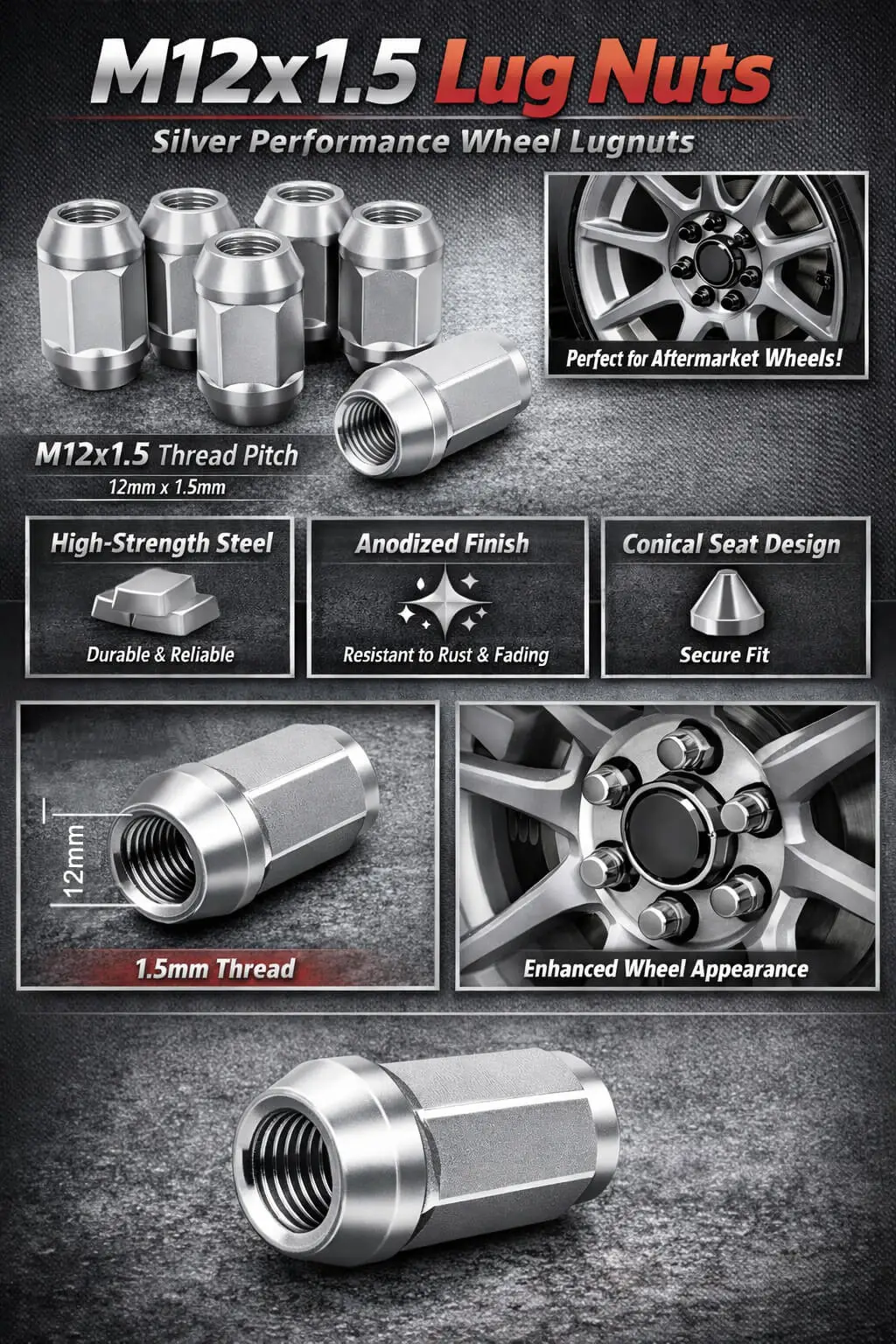 M12x1.5 Silver Lug Nut - Steel Wheel Fastener